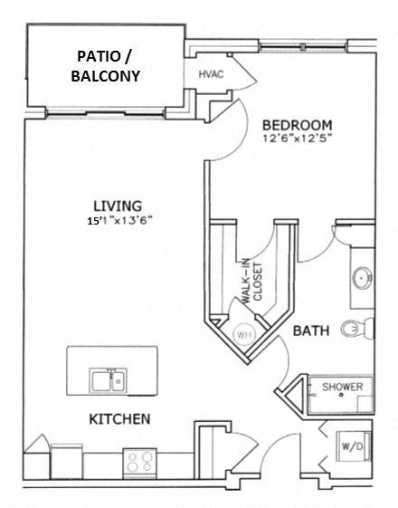 Floor plan for 1 bed, 1 bath, 775 sqft
